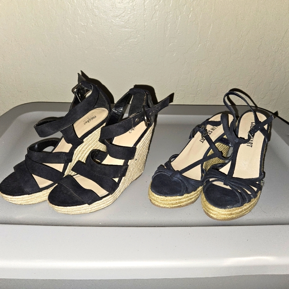 NEVER WORN---Black strappy Wedges size 7- $30 Navy strappy Wedges size 7- $30
